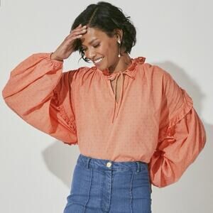 CLEOBELLA Phoenix Top Oversized Small Coral Boho‎ Organic Cotton Ruffle Peasant